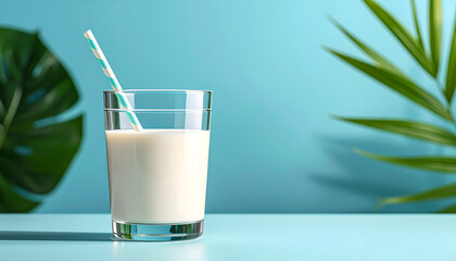 Glass of Milk with Straw and Tropical Leaves