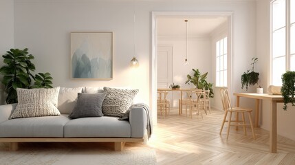 Bright, Minimalist Living Room Interior with Comfortable Sofa and Dining Area, Natural Light