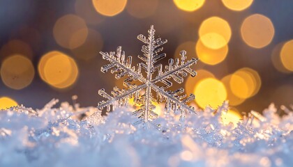 A detailed macro shot reveals a pristine, crystalline snowflake resting on a bed of icy snow, with soft, blurred lights in the background