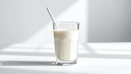 Glass of Milk with Straw in Bright Sunlight