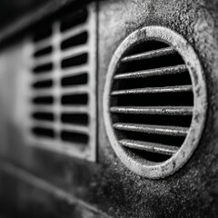Close up of two weathered industrial ventilation grilles one round and one rectangular on a textured surface