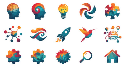 Collection of colorful abstract logos representing various concepts like technology, business, and innovation.