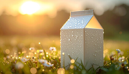 Milk Carton in Dewy Grass at Sunrise