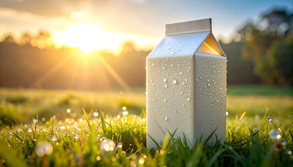 Milk Carton in Dewy Grass at Sunrise