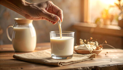 Person Adding Powder to Milk in Glass on Wooden Table