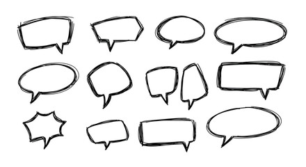 Collection of hand-drawn speech bubbles in various shapes, perfect for comics and communication.