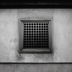 Close up of a square metal ventilation grate on a textured concrete wall in black and white
