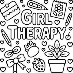 Black and White Girl Therapy Coloring Page Vector with Hearts, Bows, Plants and Sweets