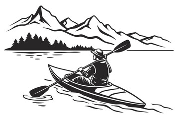 Kayaker paddles on a lake with mountains and pine trees in the background