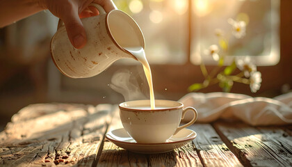 Pouring Milk into Tea Cup in Warm Morning Light