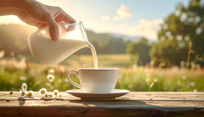 Pouring Milk into Teacup Outdoors Sunrise