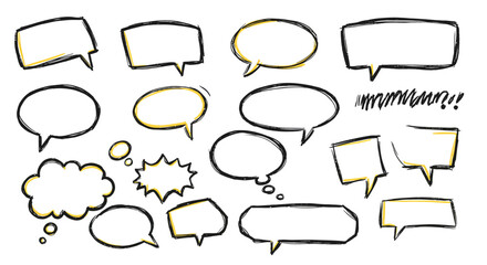 Obraz premium A collection of hand-drawn comic speech bubbles and thought clouds in a sketchy doodle style.