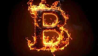 A fiery letter "B" glows against a black backdrop, flames licking at its edges. The letter is textured
