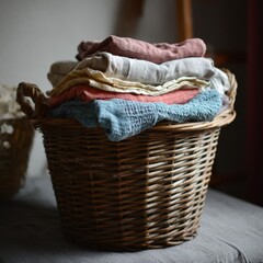 Woven basket filled with neatly folded colorful textiles and fabrics on a rustic table