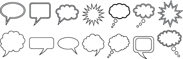 Collection of outlined speech bubbles and thought bubbles in various shapes and styles.
