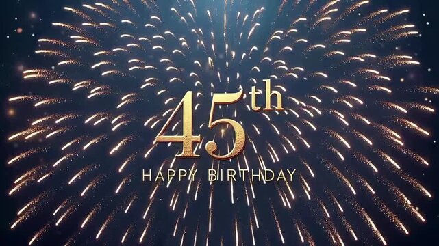 Cinematic 45th birthday celebration with golden text and vibrant fireworks on dark night sky
