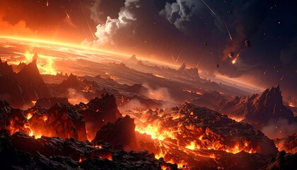 A fiery planet landscape, volcanic terrain with meteors streaking through a dramatic, glowing atmosphere