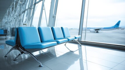 Airport Waiting Area with Empty Blue Seats and an Airplane on the Tarmac