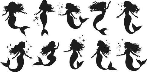 Mermaid silhouette collection, underwater female figures, fantasy sea creatures, ocean design elements, magical swimming mermaids, black vector, mythical clipart