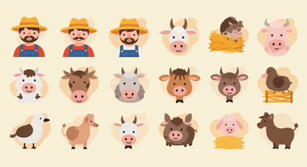 Cartoon farm animals and farmers icons set, vector illustration.