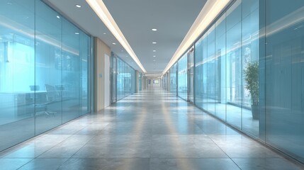 Modern Office Corridor with Glass Walls and Natural Light, Illustrating Corporate Architecture and Interior Design