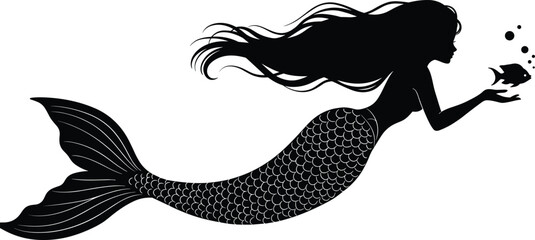 Mermaid silhouette illustration, fantasy ocean creature with fish, underwater magical scene, black vector design, elegant aquatic figure, mystical sea art