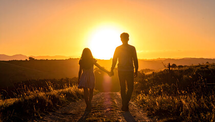 Silhouetted Young Siblings Holding Hands on a Rural Path at Sunset backlit generative AI