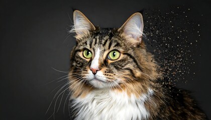 A detailed portrait of a cat with a digitally-eroded side, blending realism with a fantastical disintegration effect, against a dark backdrop