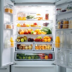 Open refrigerator filled with fresh colorful fruits vegetables and drinks illuminated by bright interior light