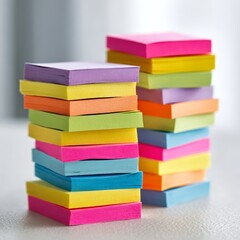 Colorful stacks of sticky notes in various bright neon colors arranged on a light surface