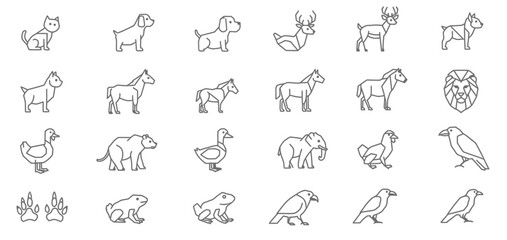 Set of various animal line icons, including mammals, birds, and amphibians, on a white background.