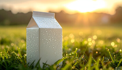 White Milk Carton in Dewy Grass at Sunrise
