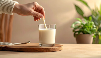 Woman's Hand Stirring Milk in Glass on Wooden Board