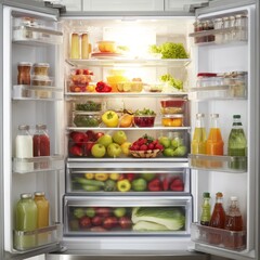 A well stocked refrigerator filled with fresh fruits vegetables dairy and drinks organized for easy access