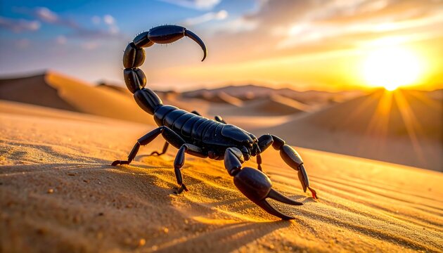 A close-up view of a black scorpion in a desert landscape, backlit by a vibrant sunrise