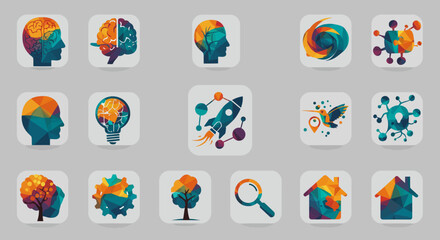 Fototapeta premium A collection of vibrant, low-poly style icons representing concepts like mind, innovation, nature, technology, and home, suitable for various applications.