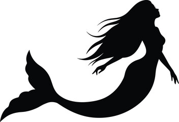 Silhouette mermaid vector, black mermaid design, long hair sea woman, underwater creature illustration, fantasy marine girl, mythical ocean art