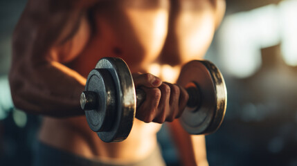 A muscular man lifting a dumbbell with his right hand in a gym setting, focusing on the weightlifting