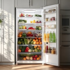 Brightly lit open refrigerator filled with a colorful assortment of fresh fruits and vegetables