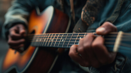 A close up shot of a person playing an acoustic guitar with their fingers on the fretboard strumming