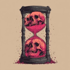 Macabre hourglass filled with skulls and sand symbolizing the passage of time and mortality