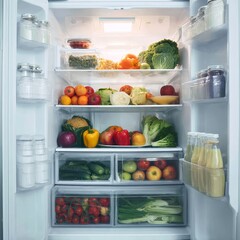 Open refrigerator filled with fresh colorful organic fruits and vegetables organized on shelves and in drawers
