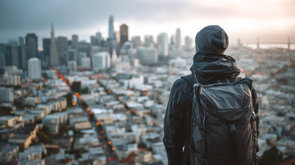 Person with backpack overlooking cityscape with skyscrapers and bridge in the distance view