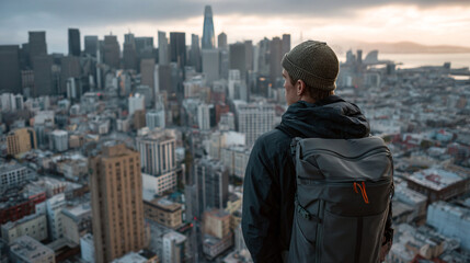 Man with backpack overlooking san francisco cityscape with skyscrapers and overcast sky in background