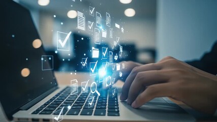 Hands Typing On A Laptop Keyboard With Glowing Digital Icons Against Blurred Office Background - Powered by Adobe
