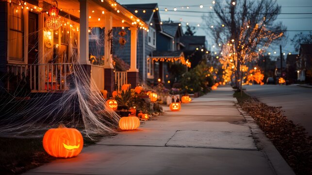 Residential street decorated for Halloween with glowing jack-o’-lanterns, spider webs and string lights creating a festive and spooky neighborhood atmosphere at dusk