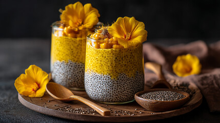 Two glasses of chia seed pudding topped with yellow fruit and flowers on a wooden tray