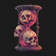 Macabre hourglass with three skulls and swirling pink sand symbolizing the passage of time and mortality
