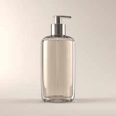 Clear glass liquid soap dispenser with silver pump on a light background