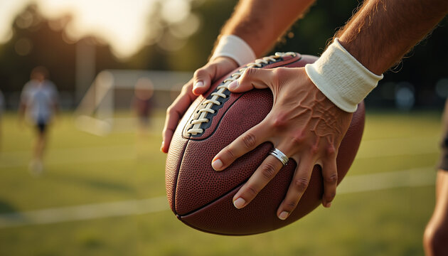 Close-up of hands holding an American football on the field